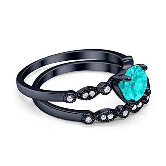 Art Deco Engagement Piece Ring Black Tone, Simulated Paraiba Tourmaline CZ