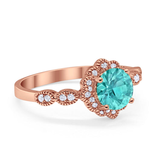 Floral Round Rose Tone, Simulated Paraiba Tourmaline CZ Wedding Ring