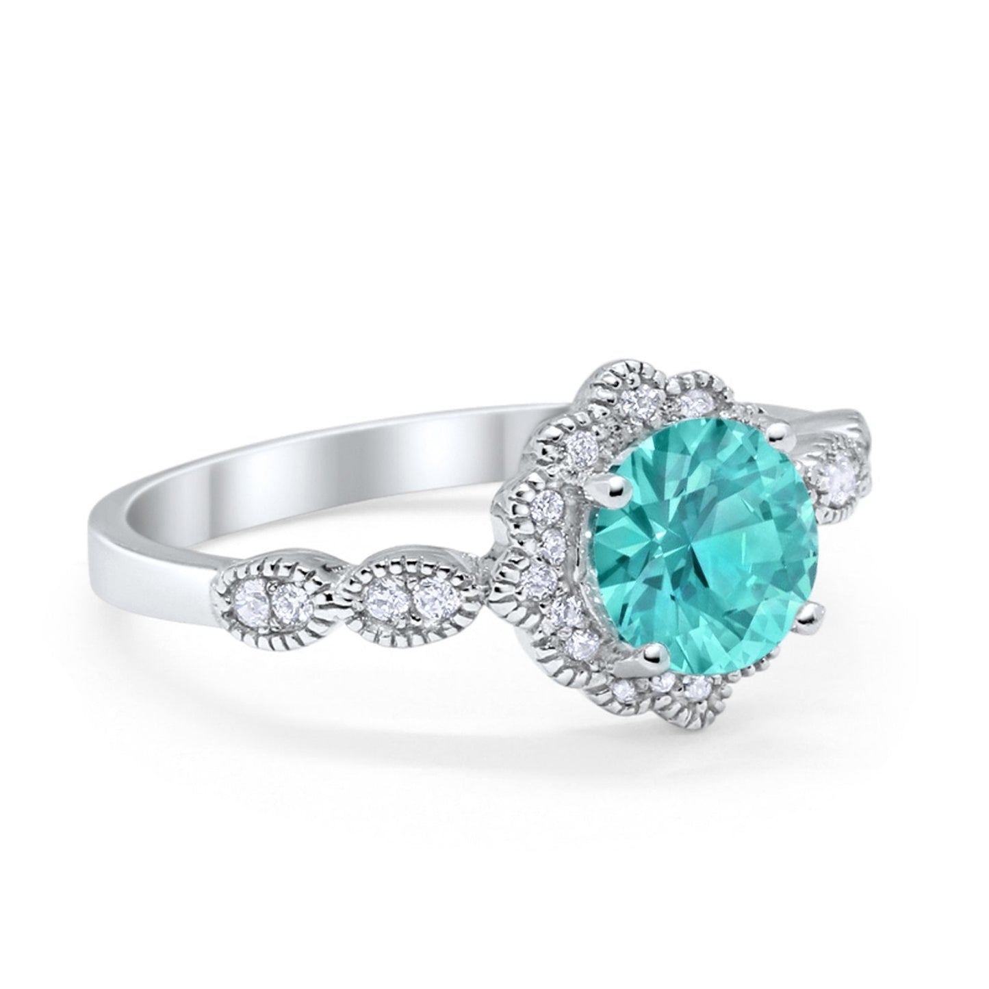 Floral Art Deco Simulated Paraiba Tourmaline CZ Engagement Ring