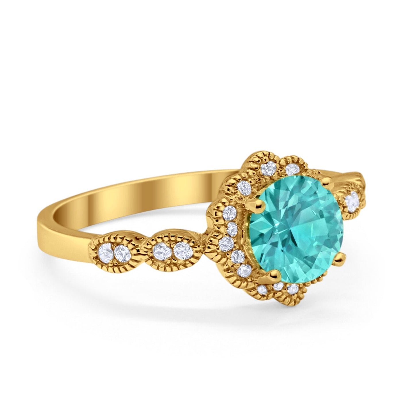 Floral Round Yellow Tone, Simulated Paraiba Tourmaline CZ Wedding Ring