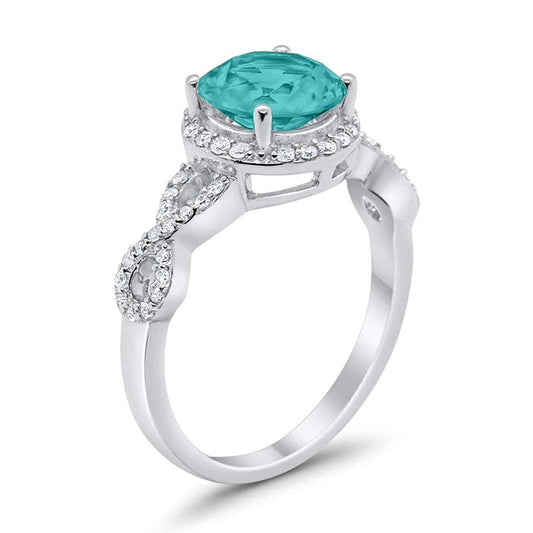 Halo Wedding Ring Round Simulated Paraiba Tourmaline CZ