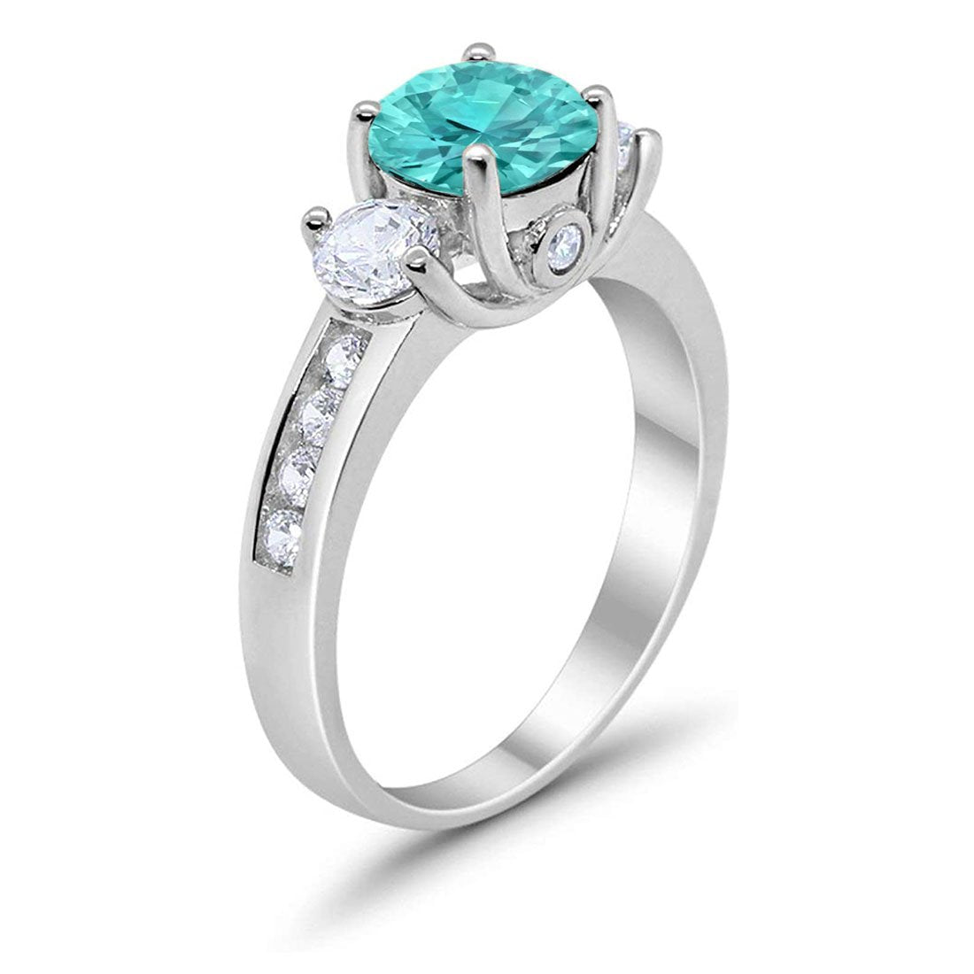 Three Stone Wedding Ring Simulated Paraiba Tourmaline CZ