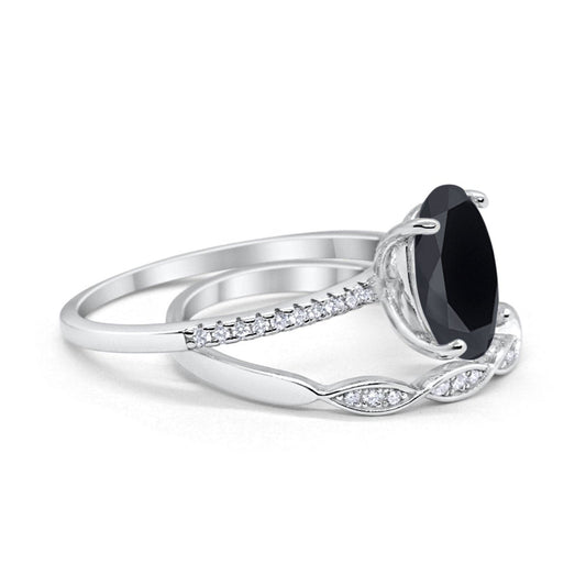 Two Piece Oval Bridal Wedding Ring Simulated Black CZ