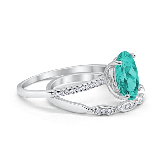 Two Piece Oval Bridal Wedding Ring Simulated Paraiba Tourmaline CZ