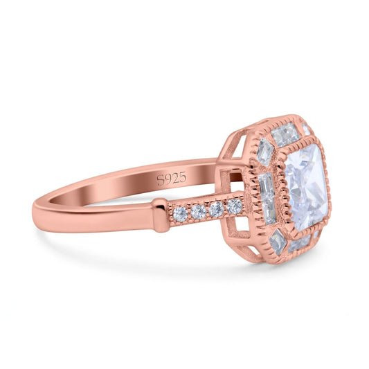 Art Deco Cushion Engagement Bezel Ring Rose Tone, Simulated CZ