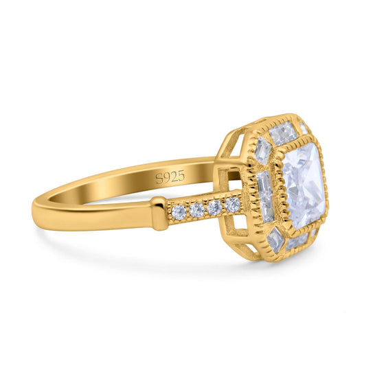 Art Deco Cushion Engagement Bezel Ring Yellow Tone, Simulated CZ