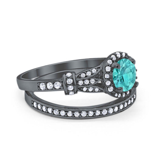 Two Piece Wedding Promise Ring Black Tone, Simulated Paraiba Tourmaline CZ