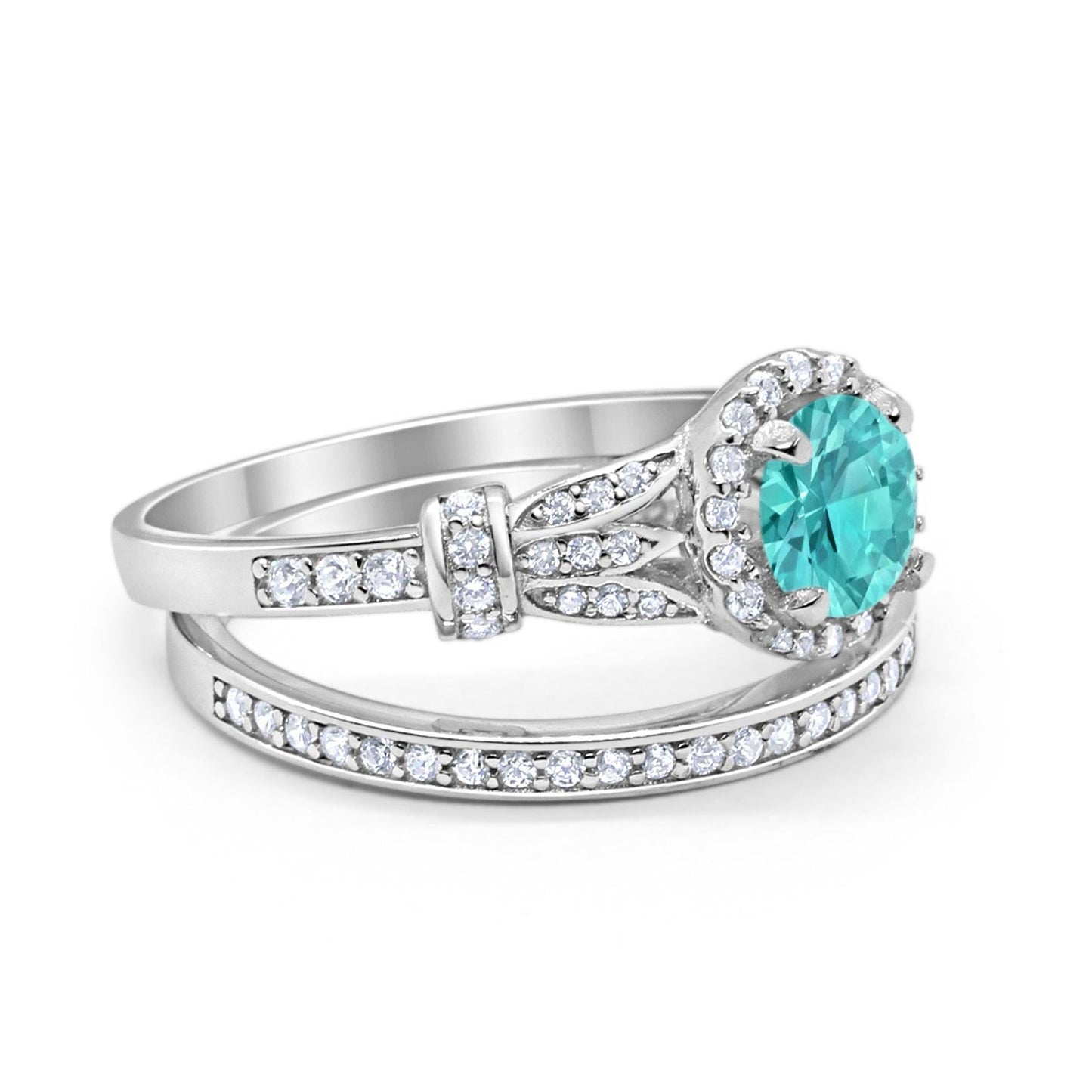 Two Piece Wedding Promise Ring Simulated Paraiba Tourmaline CZ