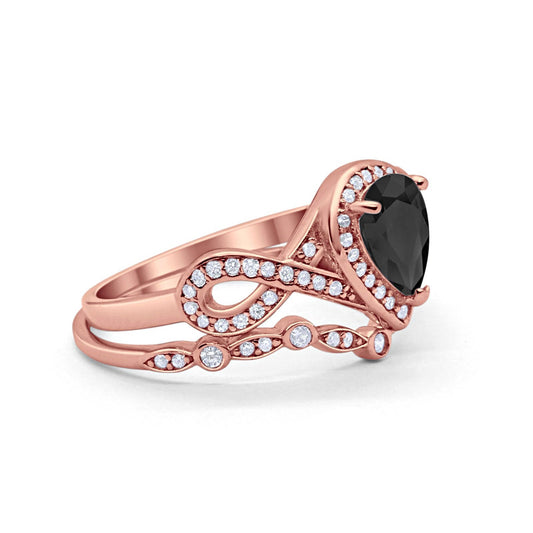 Teardrop Piece Band Rose Tone, Simulated Black CZ Wedding Ring