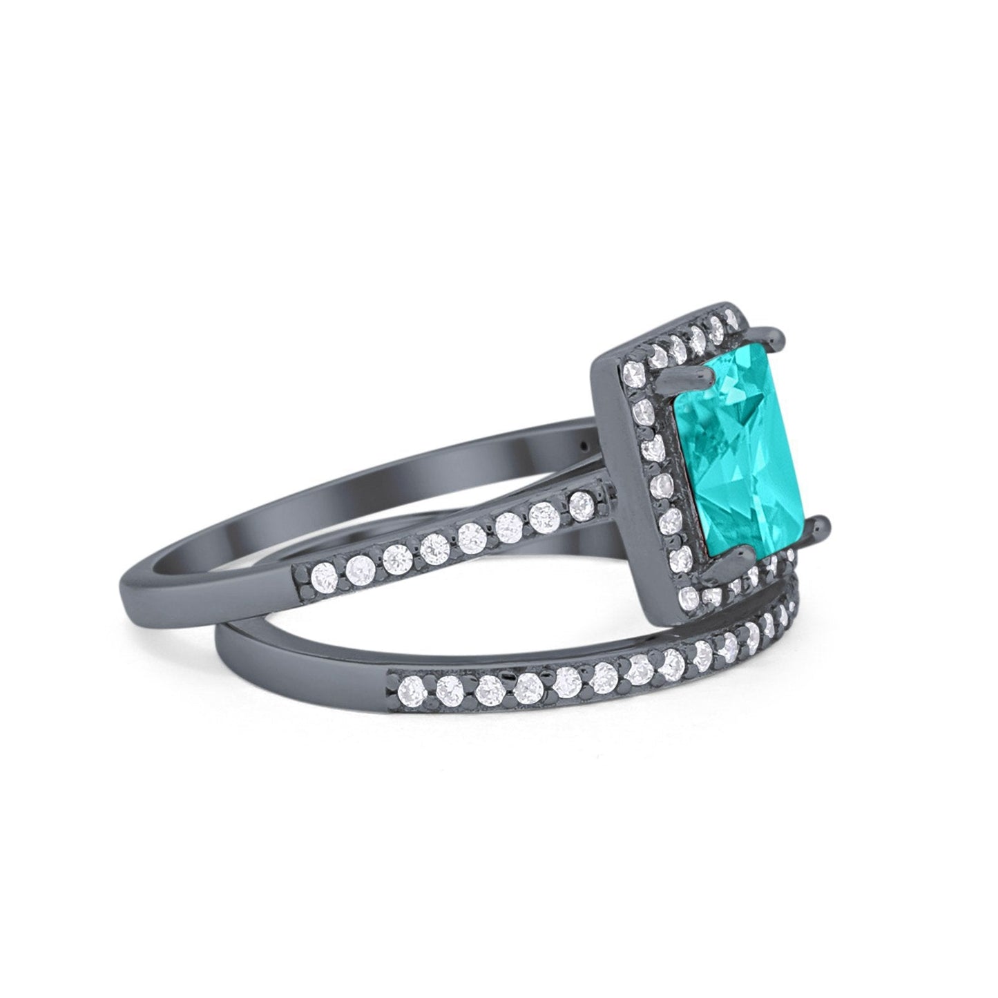 Radiant Cut Black Tone, Simulated Paraiba Tourmaline Engagement Ring