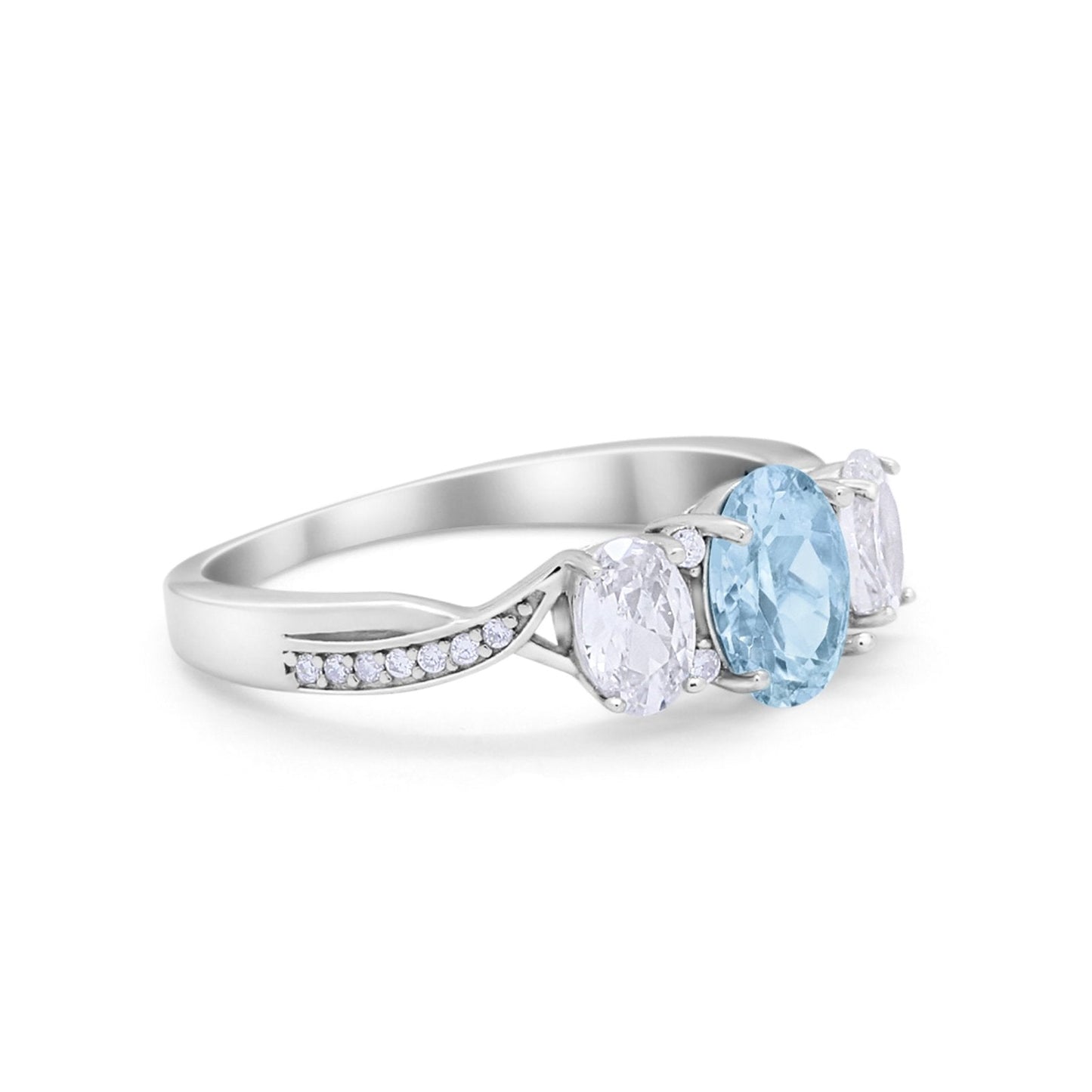 Oval Three Stone Engagement Ring Simulated Aquamarine CZ