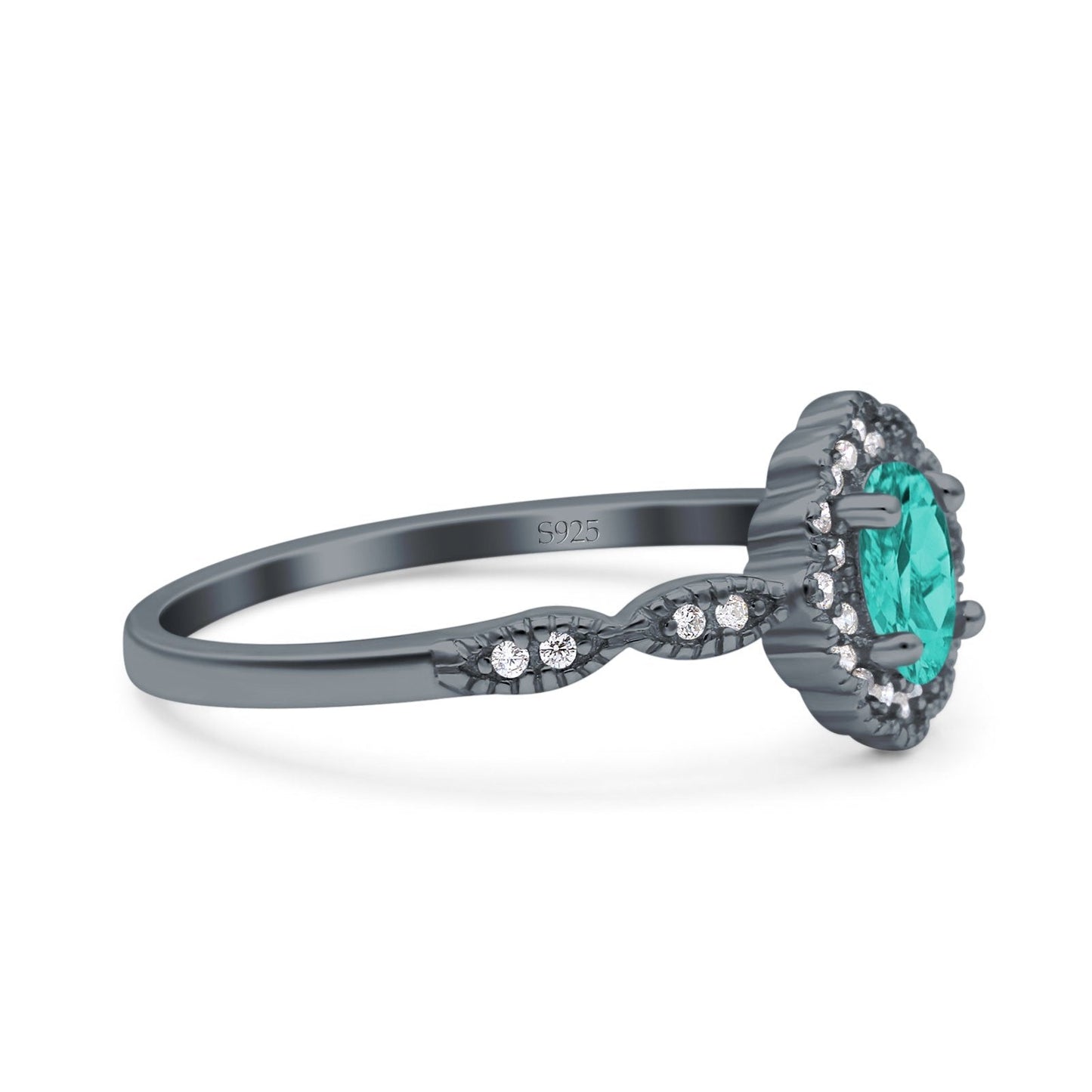 Halo Art Deco Oval Engagement Ring Black Tone, Simulated Paraiba Tourmaline CZ