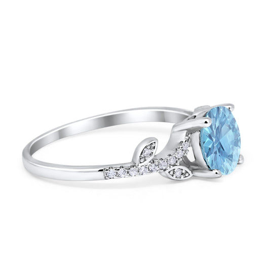 Leaf Style Ring Round Aquamarine CZ