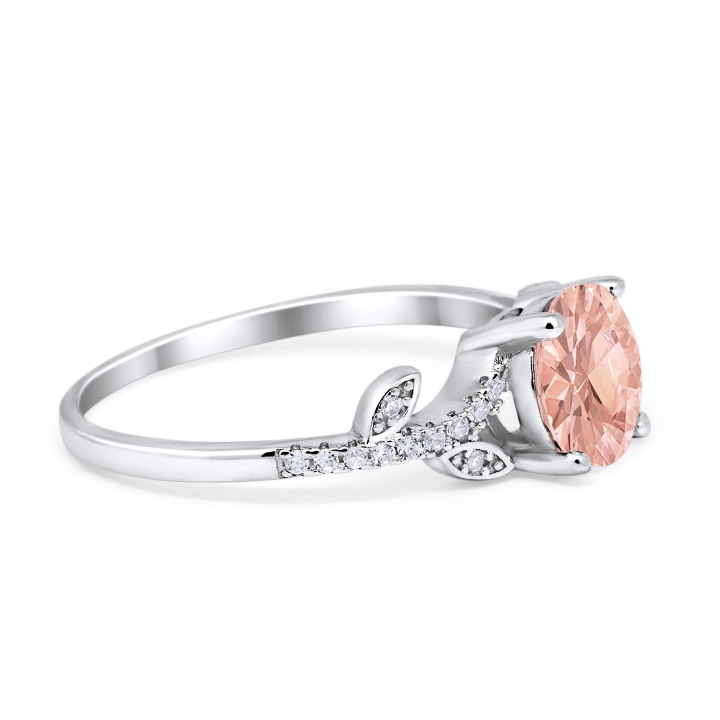 Leaf Style Wedding Ring Round Simulated Morganite CZ