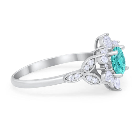 Floral Wedding Cluster Round Ring Simulated Paraiba Tourmaline CZ