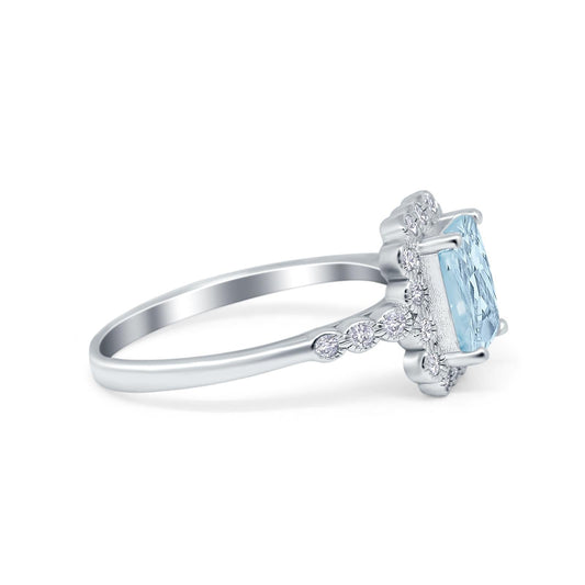 Halo Radiant Cut Wedding Ring Simulated Aquamarine CZ