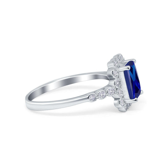 Halo Radiant Cut Wedding Ring Simulated Blue Sapphire CZ