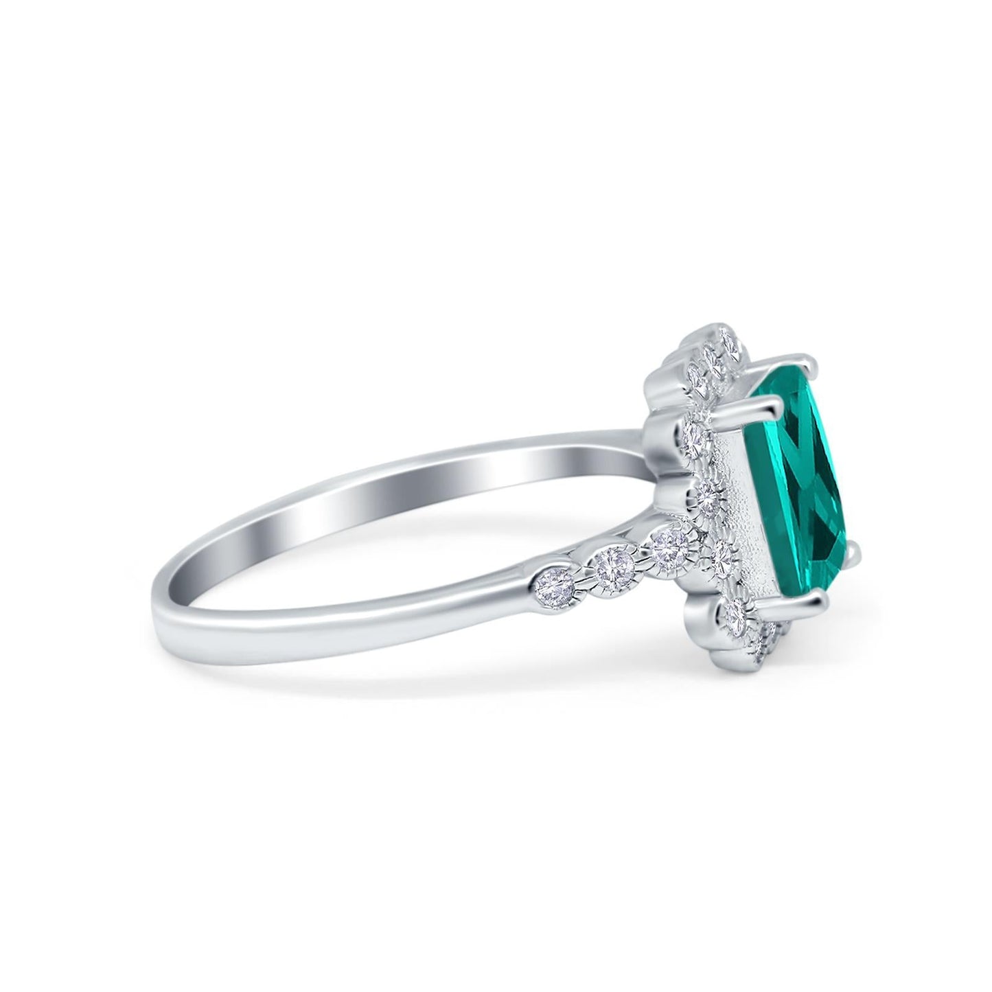 Halo Radiant Cut Wedding Ring Simulated Paraiba Tourmaline CZ