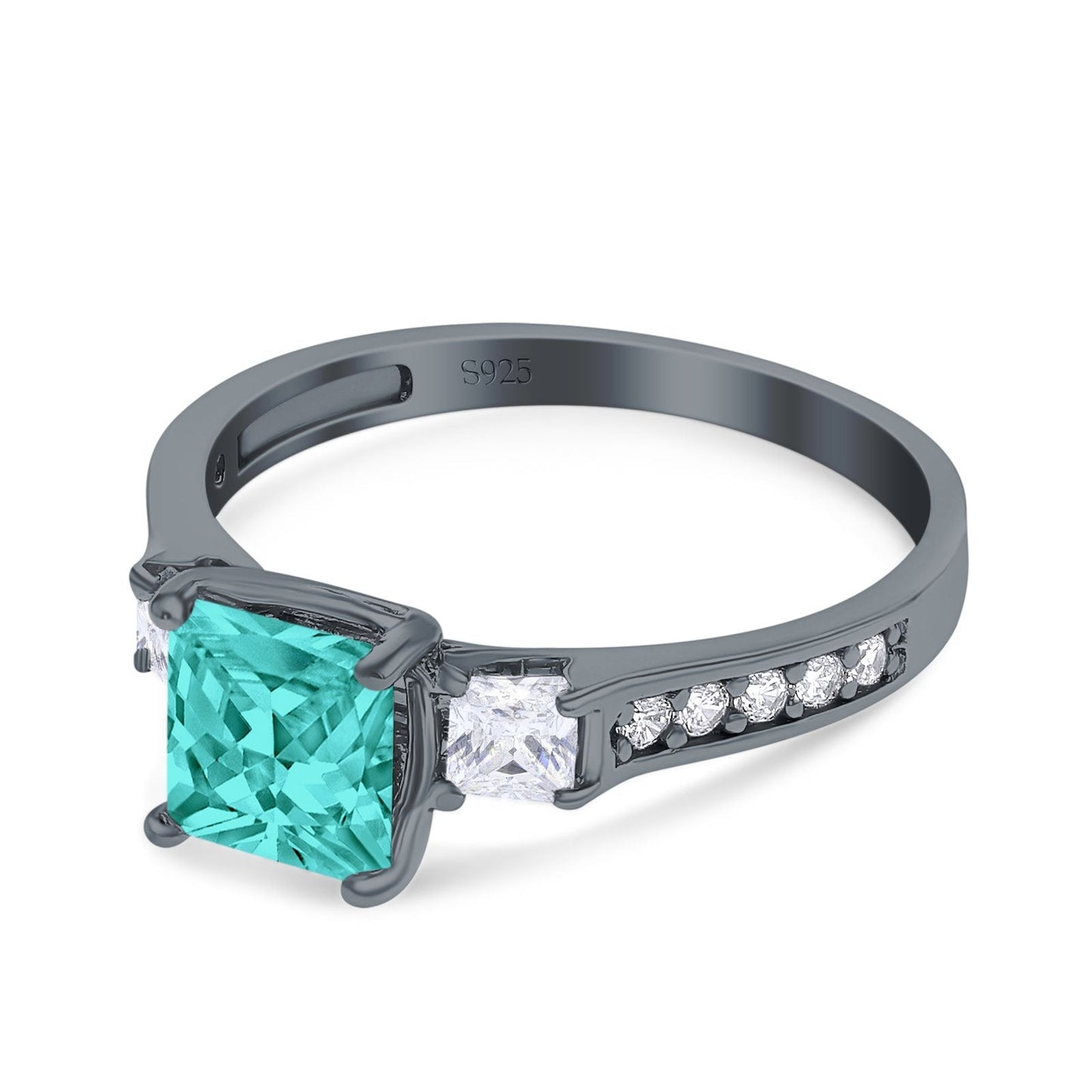 Princess Cut Art Deco Wedding Ring Black Tone, Simulated Paraiba Tourmaline CZ