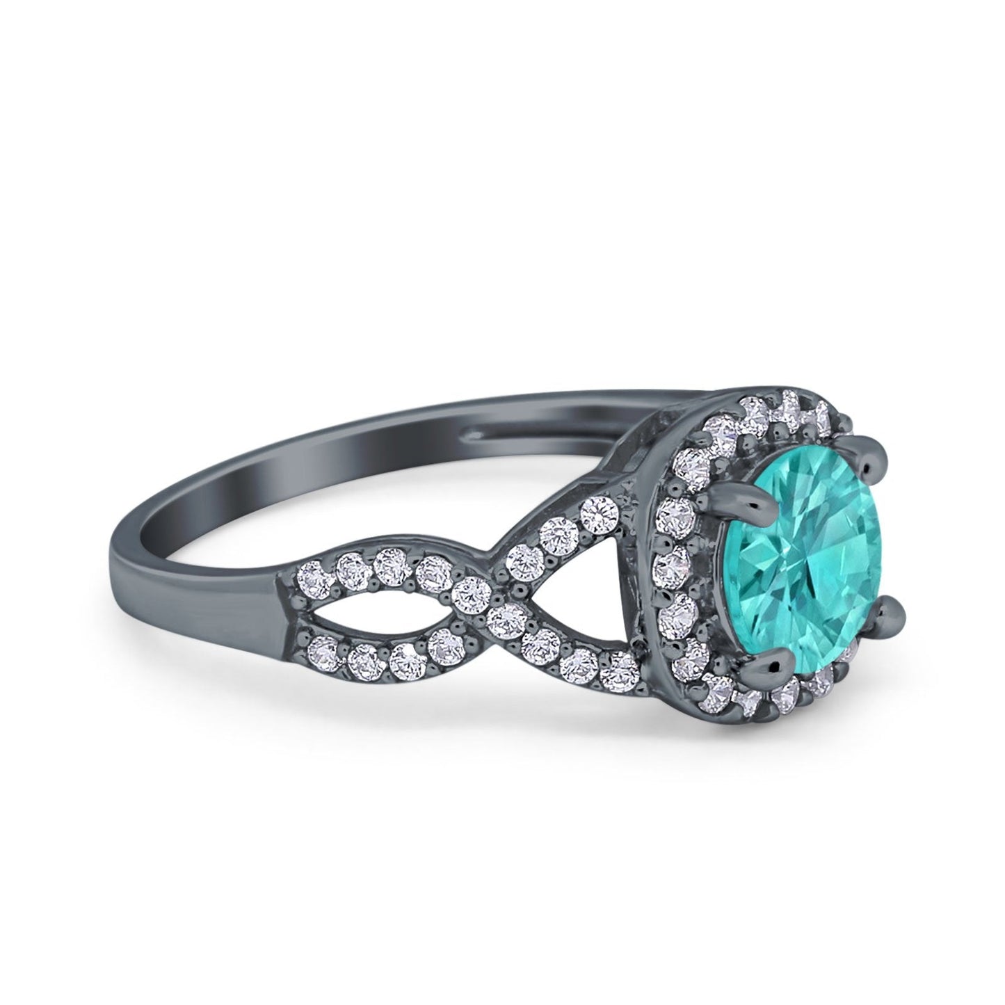 Vintage Infinity Shank Wedding Ring Round Black Tone, Simulated Paraiba Tourmaline CZ