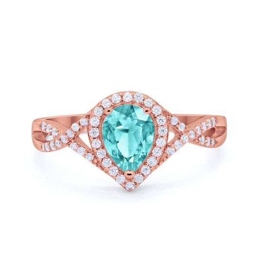 Teardrop Rose Tone, Simulated Paraiba Tourmaline CZ Wedding Ring