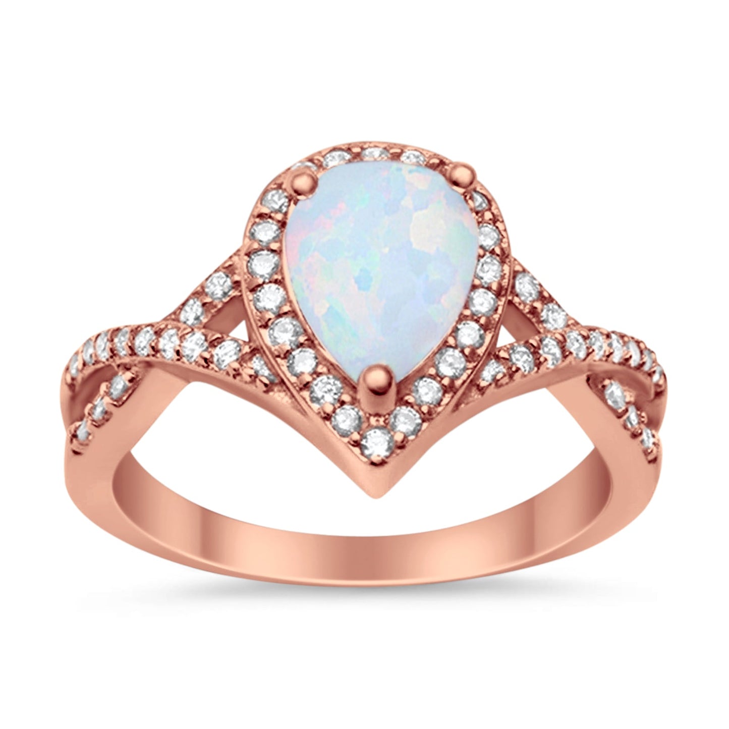 Teardrop Wedding Promise Ring Infinity Round Rose Tone, Lab White Opal