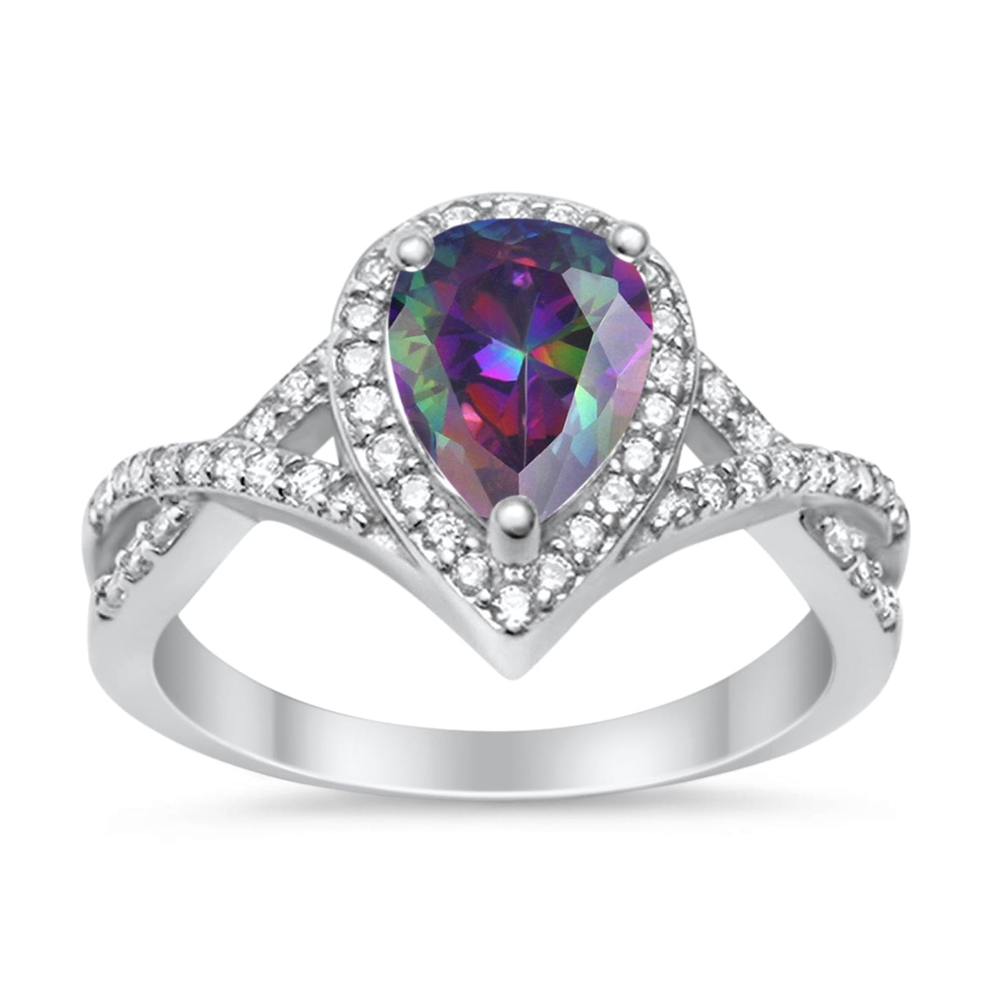 Teardrop Simulated Rainbow CZ Wedding Promise Ring