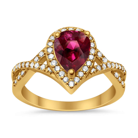 Teardrop Infinity Yellow Tone, Simulated Ruby CZ Wedding Ring