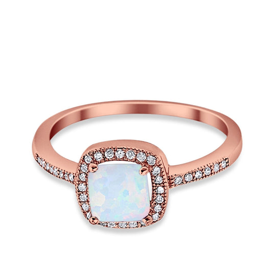 Halo Accent Engagement Ring Rose Tone, Lab Created White Opal