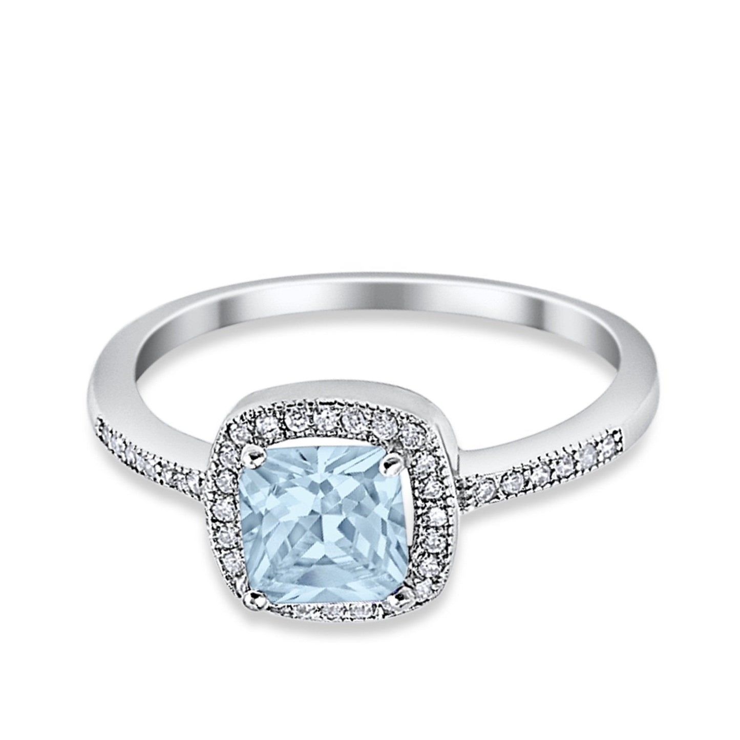 Halo Accent Simulated Aquamarine CZ Engagement Ring