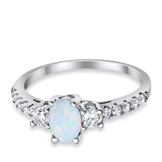 Oval Lab Created White Opal Round Ring