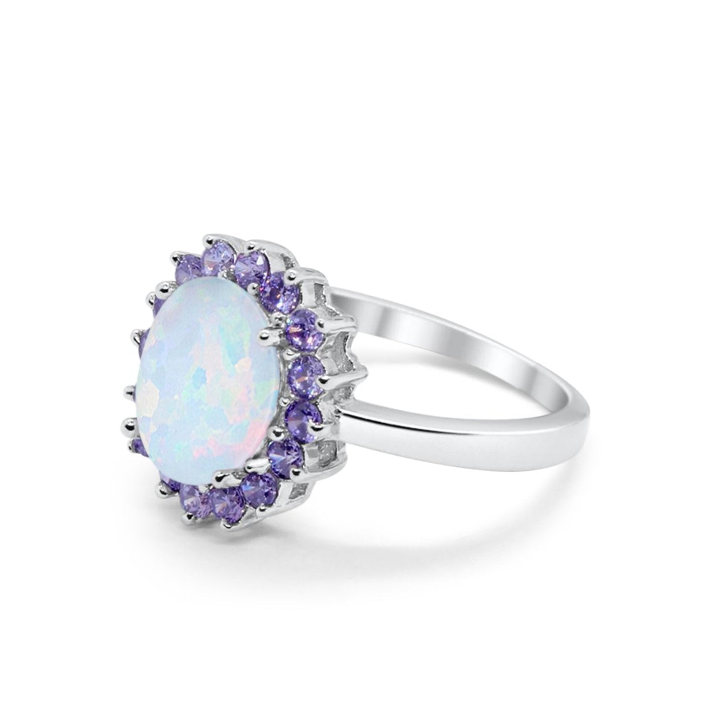 Halo Ring Simulated Amethyst Oval Lab Created White Opal