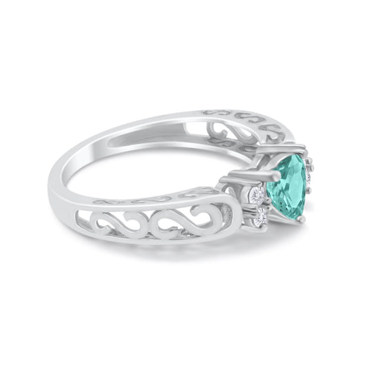 Filigree Heart Promise Wedding Ring Simulated Paraiba Tourmaline CZ