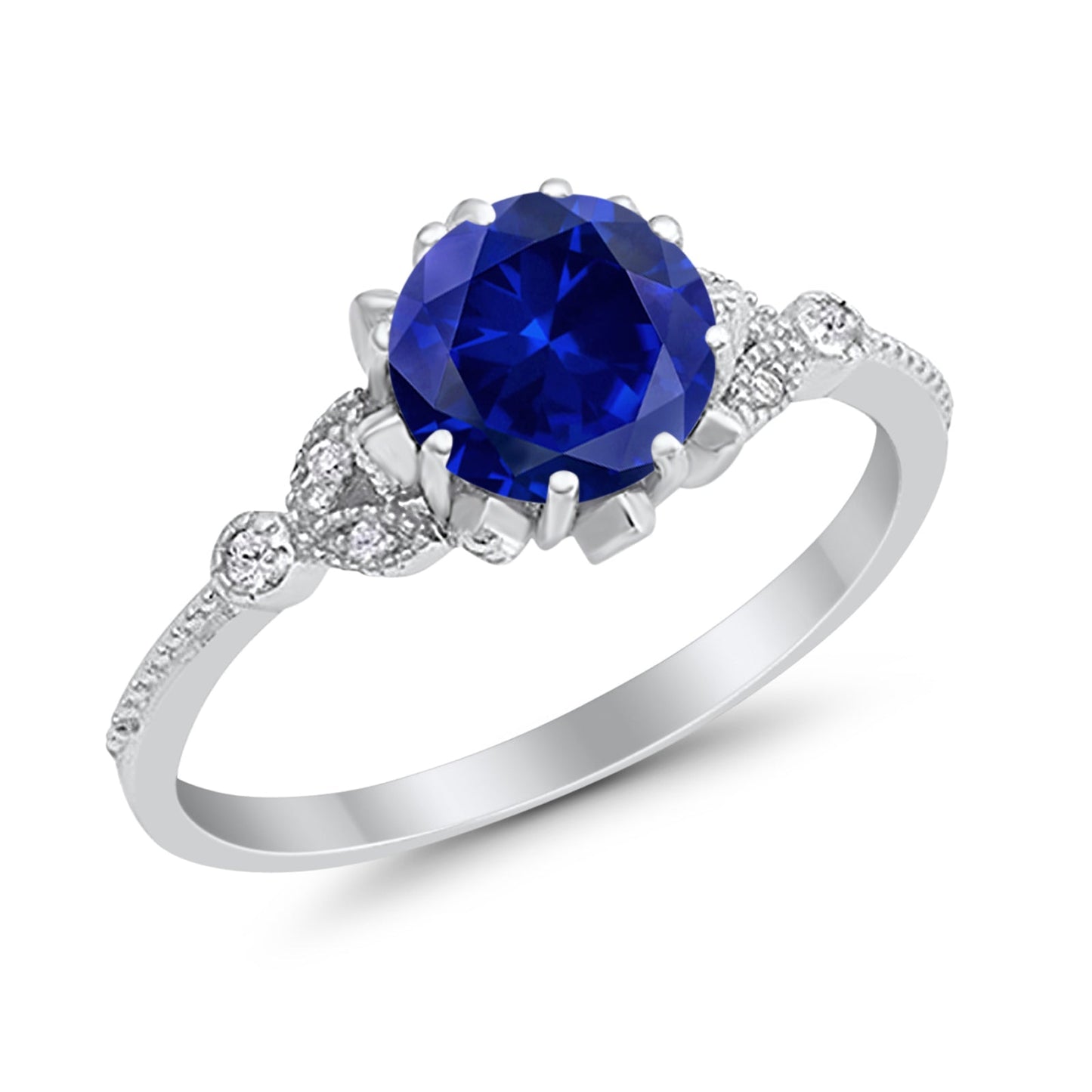 Art Deco Design Fashion Ring Round Simulated Blue Sapphire CZ