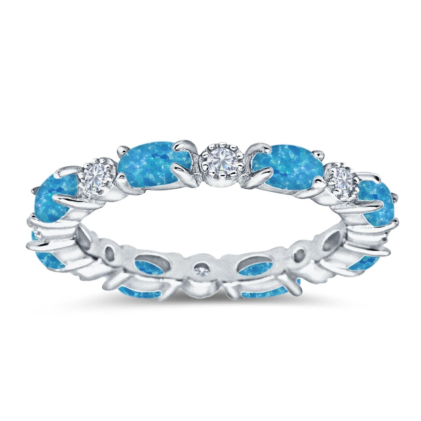 Full Eternity Stackable Band Ring Oval Lab Created Blue Opal