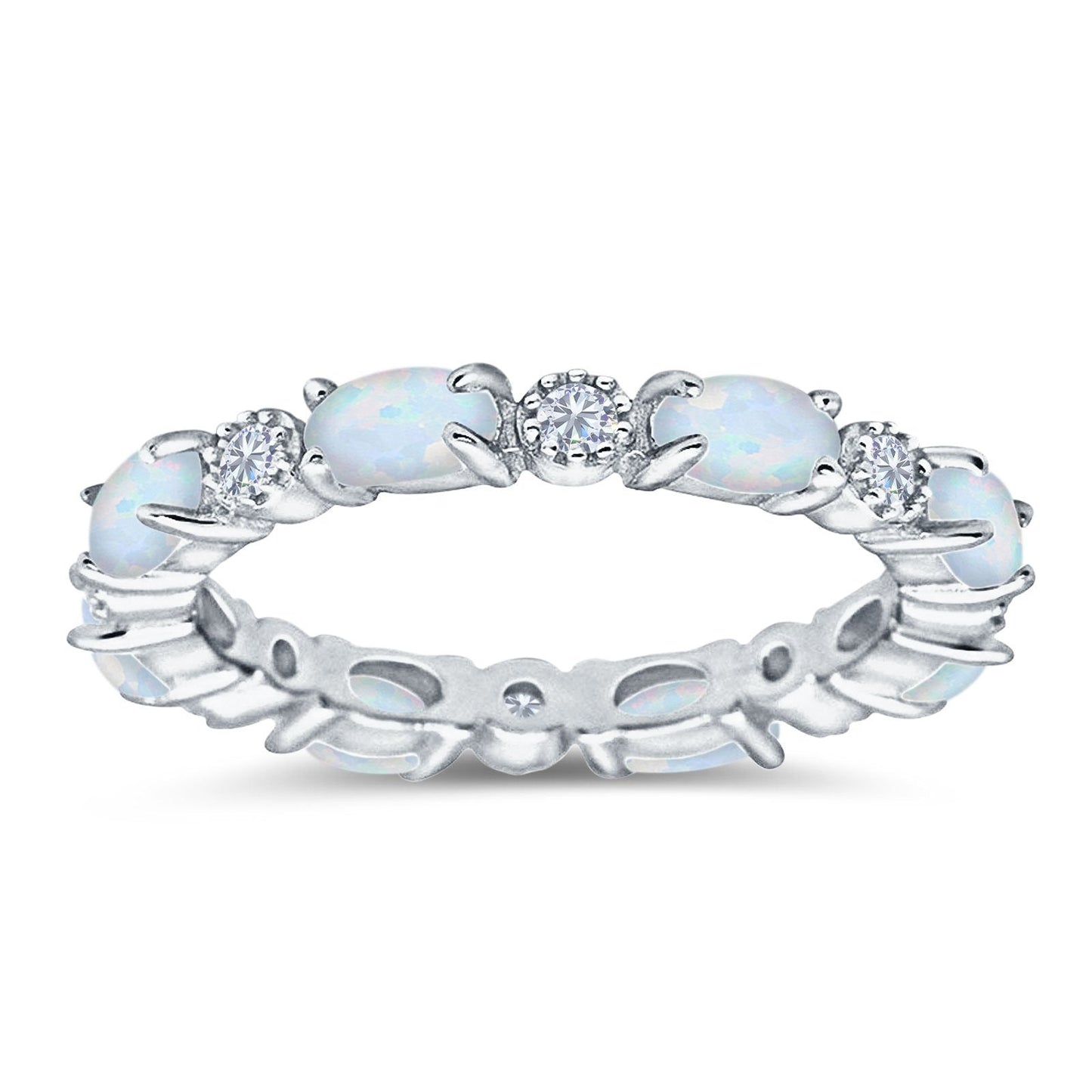 Full Eternity Stackable Band Ring Oval Lab Created White Opal