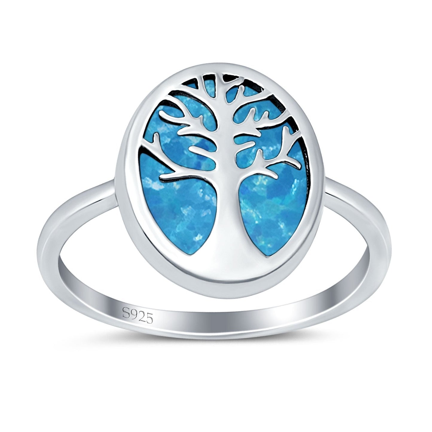 Oval Lab Created Blue Opal Tree Of Life Ring