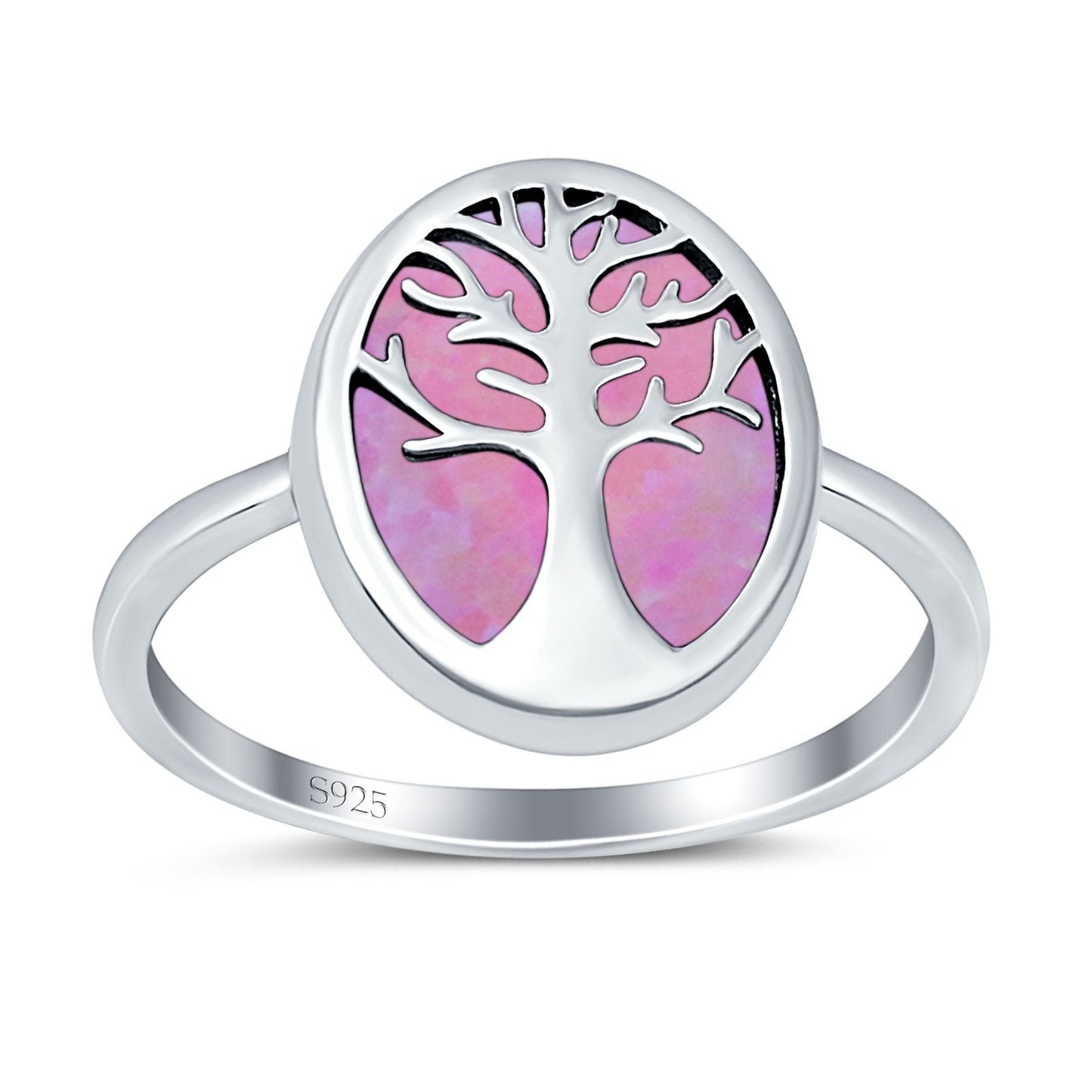 Oval Lab Created Pink Opal Tree Of Life Ring