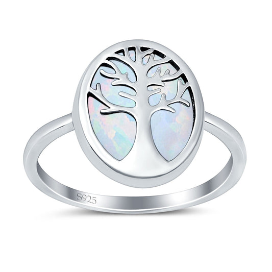 Oval Lab Created White Opal Tree Of Life Ring