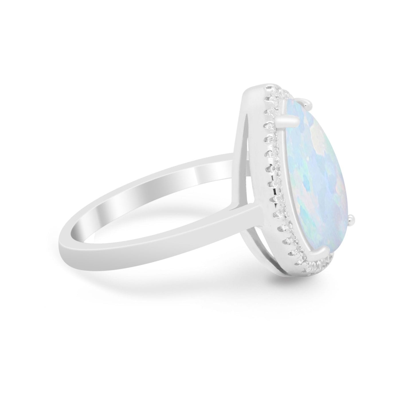 Halo Teardrop Pear Round Lab Created White Opal Wedding Ring