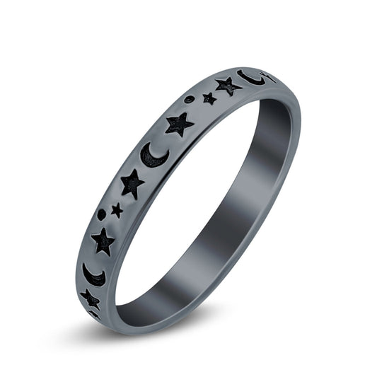 Stars Moon Plain Ring Band Solid Black Tone Round