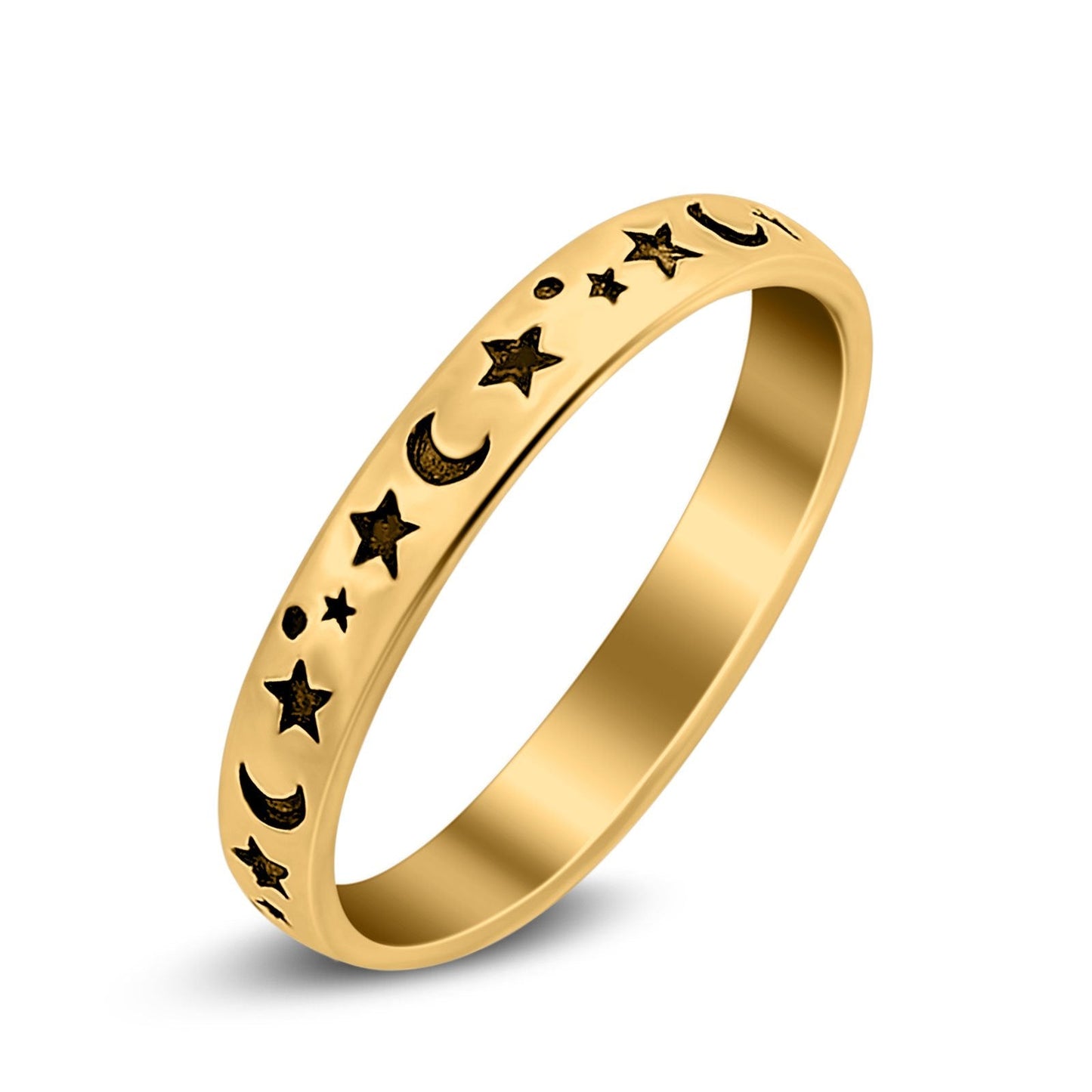 Stars Moon Plain Ring Band Yellow Tone