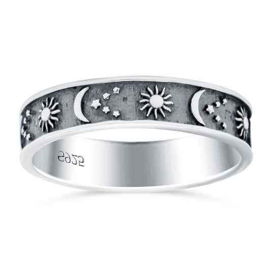 Sun, Moon, and Stars Oxidized Band Thumb Ring (5mm)