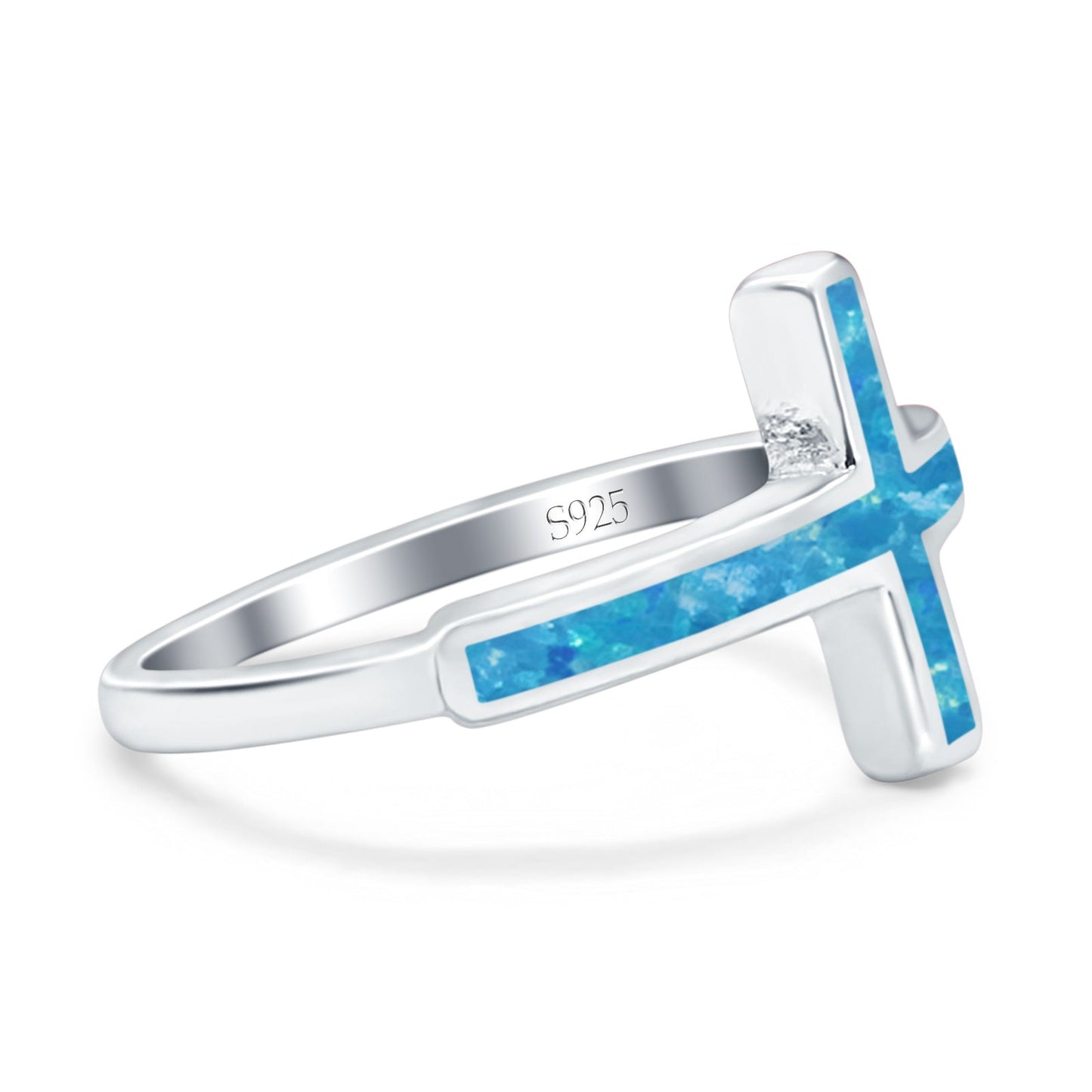 Sideways Cross Rhodium Plated Band Lab Created Blue Opal Ring