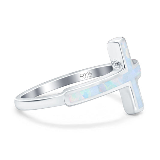 Sideways Cross Ring Rhodium Plated Band Lab Created White Opal (12mm)