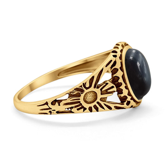 Antique Vintage Oval Yellow Tone, Simulated Black Onyx Ring