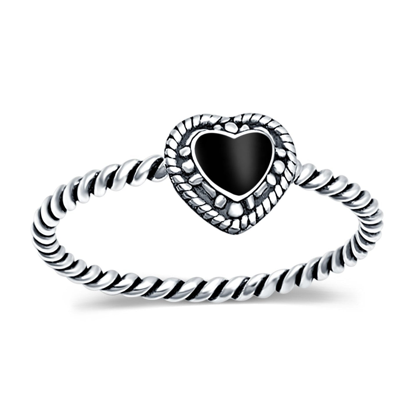 Petite Dainty Heart Promise Ring Band Simulated Black Onyx Oxidized Braided