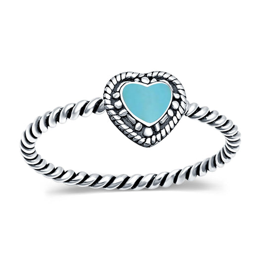 Petite Dainty Heart Promise Ring Band Simulated Turquoise Oxidized Braided