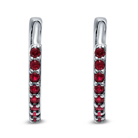 Half Eternity Hoop Earrings Round Simulated Ruby CZ (16mm)