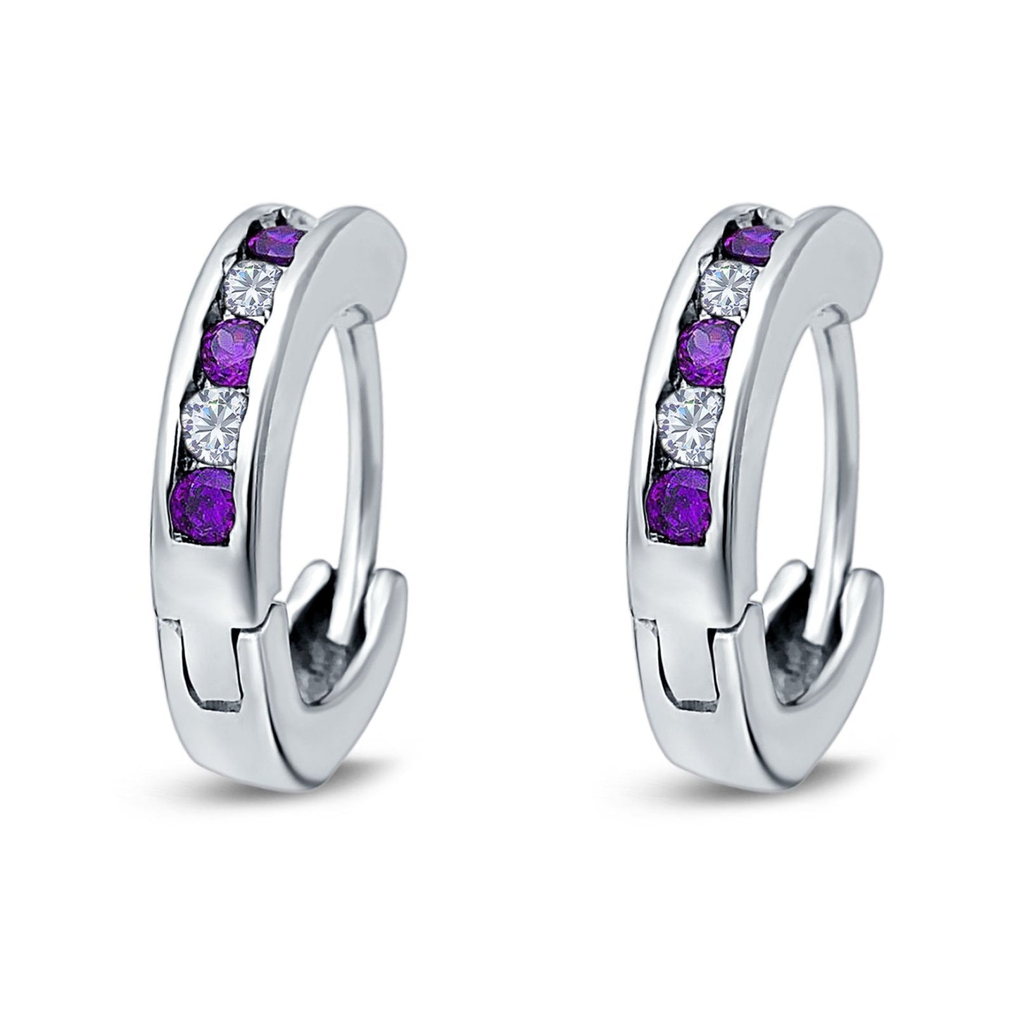 Eternity Huggie Hoop Earrings Channel Round Simulated Amethyst Cubic Zirconia